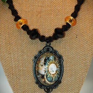 Celestial Crescent Moon & Sun on a 17" Handmade Black Hemp Necklace